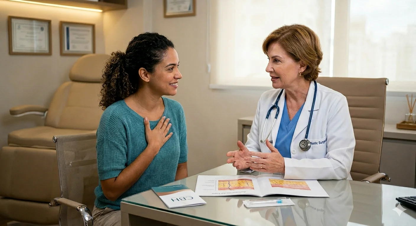 Médica conversa com paciente sorridente em consultório, com conteúdo explicativo sobre hidrolipo.