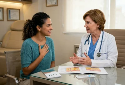 Médica conversa com paciente sorridente em consultório, com conteúdo explicativo sobre hidrolipo.