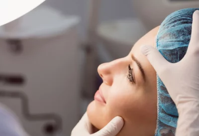 Uma médica analisa o paciente para a rinoplastia.